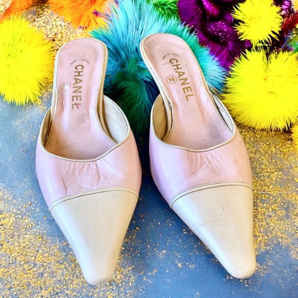 CHANEL Vintage Pump Kitten Heels Pink Cream Mule Snip Toe Womens 37 7 ALTERED - Picture 4 of 16